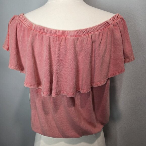 We The Free Off Shoulder Linen Blend Ruffle Hem Blouse Womens Coral Medium NWT - Picture 4 of 10